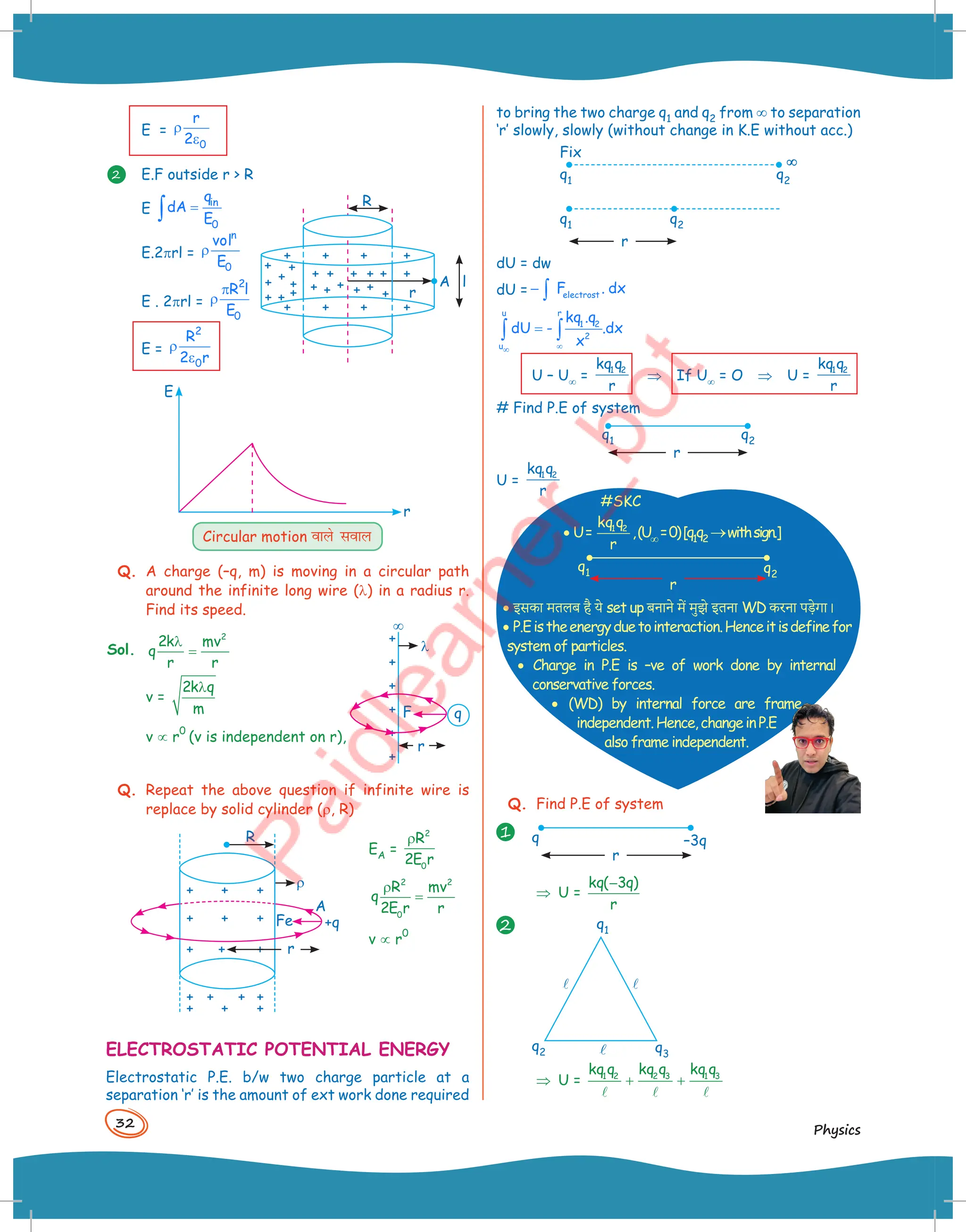 32
Physics
E =
0
r
2
ρ
ε
2 E.F outside r  R
E
in
0
q
dA
E
=
∫
E.2prl =
n
0
vol
E
ρ
E . 2prl =
2
0
R l
E
π
ρ
E =
2
0
R
2 r
ρ
ε
E
r
Circular motion okys loky
Q. A charge (–q, m) is moving in a circular path
around the infinite long wire (l) in a radius r.
Find its speed.
Sol.
2
2k mv
q
r r
λ
=
v =
2k q
m
λ
v µ r
0
(v is independent on r),
Q. Repeat the above question if infinite wire is
replace by solid cylinder (r, R)
r
R
A
+q
Fe
r
EA =
2
0
R
2E r
ρ
2 2
0
R mv
q
2E r r
ρ
=
v µ r
0
ELECTROSTATIC POTENTIAL ENERGY
Electrostatic P.E. b/w two charge particle at a
separation ‘r’ is the amount of ext work done required
A
R
l
r
F
l
¥
q
r
to bring the two charge q1 and q2 from ¥ to separation
‘r’ slowly, slowly (without change in K.E without acc.)
Fix
∞
∞
r
q1 q2
q1 q2
dU = dw
dU = electrost
F . dx
− ∫
u r
1 2
2
u
kq .q
dU - .dx
x
∞
∞
=
∫ ∫
U – U¥ =
kq q
r
1 2
⇒ If U¥ = O ⇒ U =
kq q
r
1 2
# Find P.E of system
r
q1 q2
U =
kq q
r
1 2
#SKC
· U=
kq q
r
1 2
,(U¥=0)[q1q2 ®withsign.]
r
q1 q2
· इस-ा म+लब है य( set up बनान( में मुझ( इ+ना WD -रना प,(गा।
· P.Eistheenergyduetointeraction.Henceitisdefinefor
system of particles.
· Charge in P.E is –ve of work done by internal
conservative forces.
· (WD) by internal force are frame
independent.Hence,changeinP.E
also frame independent.
Q. Find P.E of system
1
r
q –3q
⇒ U =
kq( 3q)
r
−
2 q1

l

q3
q2
⇒ U = 2 3 1 3
1 2
kq q kq q
kq q
+ +
  
 