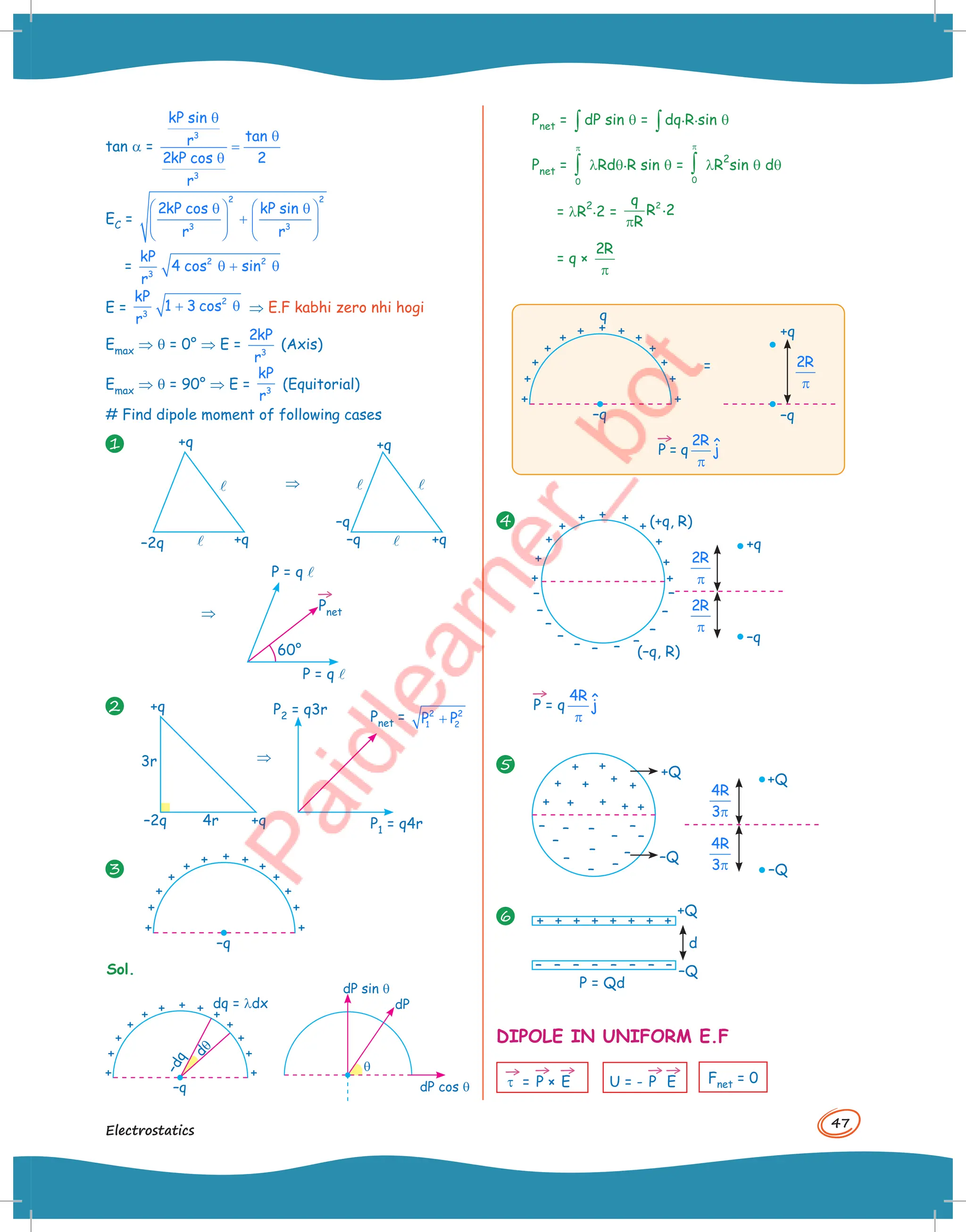 47
Electrostatics
tan a =
3
3
kP sin
tan
r
2kP cos 2
r
θ
θ
=
θ
EC =
2 2
3 3
2kP cos kP sin
r r
   
θ θ
+
   
   
   
= 2 2
3
kP
4 cos sin
r
θ + θ
E =
2
3
kP
1 3 cos
r
+ θ ⇒ E.F kabhi zero nhi hogi
Emax ⇒ q = 0° ⇒ E = 3
2kP
r
(Axis)
Emax ⇒ q = 90° ⇒ E = 3
kP
r
(Equitorial)
# Find dipole moment of following cases
1 +q
⇒
⇒
–2q +q –q +q
+q
P = ql
P = ql
l
l
l
l
l
–q
→
Pnet
60°
2 +q
+q
–2q 4r
3r ⇒
P2 = q3r
Pnet = 2 2
1 2
P P
+
P1 = q4r
3
–q
Sol.
–q
dq = ldx
d
q
–
d
q
q
dP sin q
dP
dP cos q
Pnet = ∫ dP sin q = ∫dq.R.sin q
Pnet =
0
π
∫ lRdq.R sin q =
0
π
∫ lR
2
sin q dq
= lR
2.2 =
2
q .
R 2
R
π
= q ×
2R
π
–q
q
+q
–q
= 2R
π
→
P = q
2R
ĵ
π
4
+q
–q
(–q, R)
(+q, R)
2R
π
2R
π
→
P = q
4R
ĵ
π
5
–Q
–Q
+Q
+Q
4R
3π
4R
3π
6
d
P = Qd
+Q
–Q
DIPOLE IN UNIFORM E.F
→
t =
→
P ×
→
E U = -
→
P
→
E Fnet = 0
 