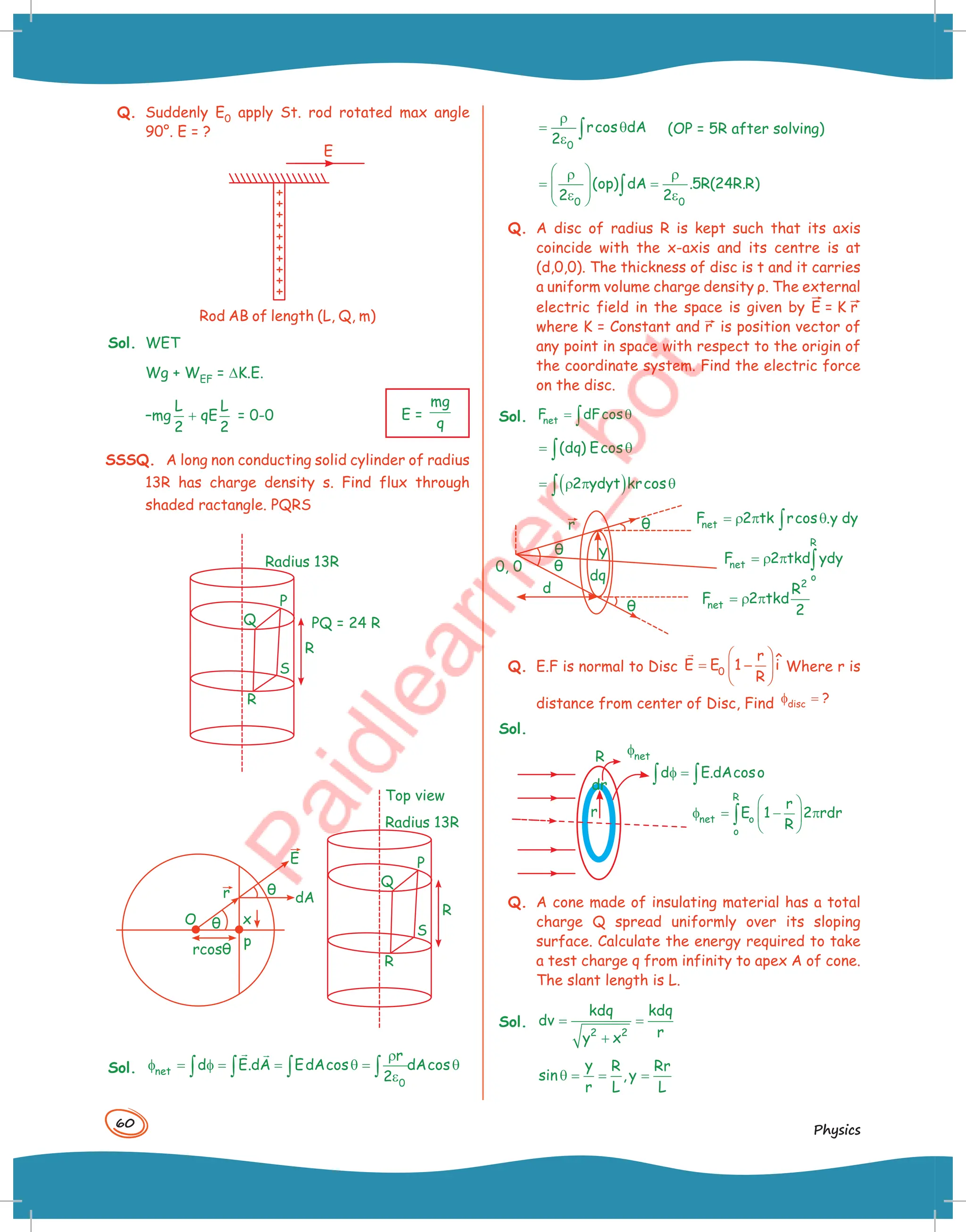 60
Physics
Q. Suddenly E0 apply St. rod rotated max angle
90°. E = ?
Rod AB of length (L, Q, m)
E
Sol. WET
Wg + WEF = DK.E.
–mg
L L
qE
2 2
+ = 0-0 E =
mg
q
SSSQ. A long non conducting solid cylinder of radius
13R has charge density s. Find flux through
shaded ractangle. PQRS
Radius 13R
PQ = 24 R
Q
S
R
R
P
Radius 13R
Top view
dA
O
rcosθ
θ
x
p
Q
S
R
R
P
r
E
θ
Sol. net
0
r
d E.dA EdAcos dAcos
2
ρ
φ = φ = = θ = θ
ε
∫ ∫ ∫ ∫
 
ρ
= θ
ε ∫
0
rcos dA
2
(OP = 5R after solving)
 
ρ ρ
= =
 
 
ε ε
 
∫
0 0
(op) dA .5R(24R.R)
2 2
Q. A disc of radius R is kept such that its axis
coincide with the x-axis and its centre is at
(d,0,0). The thickness of disc is t and it carries
a uniform volume charge density ρ. The external
electric field in the space is given by E = K r
where K = Constant and r is position vector of
any point in space with respect to the origin of
the coordinate system. Find the electric force
on the disc.
Sol. net
F dFcos
= θ
∫
(dq) Ecos
= θ
∫
( )
2 ydyt krcos
= ρ π θ
∫
r
θ
θ
net
F 2 tk rcos .y dy
= ρ π θ
∫
R
net
o
F 2 tkd ydy
= ρ π ∫
2
net
R
F 2 tkd
2
= ρ π
θ
θ
Y
0, 0
d
dq
Q. E.F is normal to Disc 0
r ˆ
E E 1 i
R
 
= −
 
 

Where r is
distance from center of Disc, Find disc ?
φ =
Sol.
R
dr
r
d E.dAcoso
φ =
∫ ∫
R
net o
o
r
E 1 2 rdr
R
 
φ = − π
 
 
∫
net
φ
Q. A cone made of insulating material has a total
charge Q spread uniformly over its sloping
surface. Calculate the energy required to take
a test charge q from infinity to apex A of cone.
The slant length is L.
Sol.
2 2
kdq kdq
dv
r
y x
= =
+
y R Rr
sin ,y
r L L
θ = = =
 