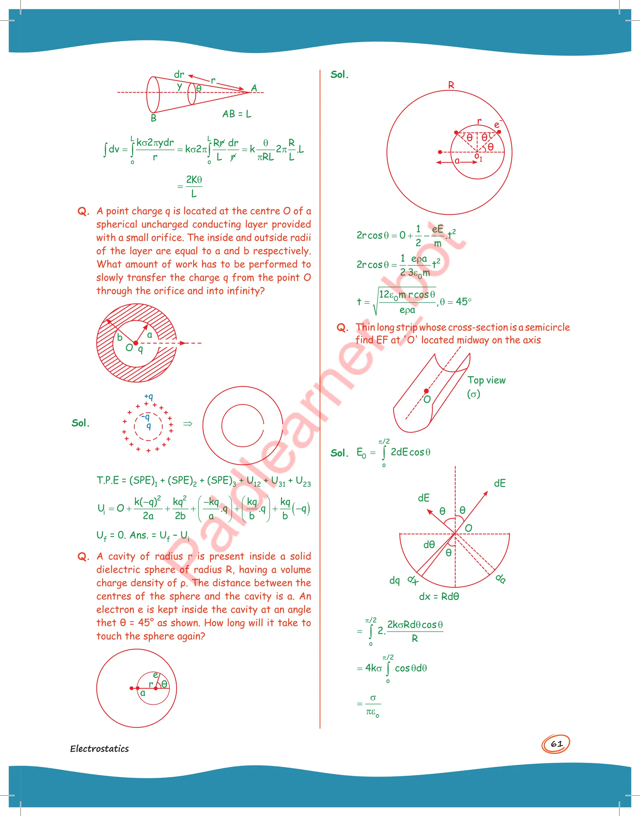 61
Electrostatics
dr
B
A
AB = L
y θ
r
L L
o o
k 2 ydr Rr dr R
dv k 2 k 2 .L
r L r RL L
σ π θ
= = σ π = π
π
∫ ∫ ∫
2K
L
θ
=
Q. A point charge q is located at the centre O of a
spherical uncharged conducting layer provided
with a small orifice. The inside and outside radii
of the layer are equal to a and b respectively.
What amount of work has to be performed to
slowly transfer the charge q from the point O
through the orifice and into infinity?
b a
q
O
Sol. q
–q
+q
⇒
T.P.E = (SPE)1 + (SPE)2 + (SPE)3 + U12 + U31 + U23
( )
2 2
i
k( q) kq kq kq kq
U O .q .q q
2a 2b a b b
   
− −
= + + + + + −
   
   
Uf = 0. Ans. = Uf – Ui
Q. A cavity of radius r is present inside a solid
dielectric sphere of radius R, having a volume
charge density of ρ. The distance between the
centres of the sphere and the cavity is a. An
electron e is kept inside the cavity at an angle
thet θ = 45° as shown. How long will it take to
touch the sphere again?
a
r
e
θ
Sol.
R
e
–
a
r
o1
θ θ
θ
2
1 eE
2rcos 0 .t
2 m
θ = + −
2
0
1 e a
2rcos t
2 3 m
ρ
θ =
ε
0
12 m rcos
t , 45
e a
ε θ
= θ = °
ρ
Q. Thin long strip whose cross-section is a semicircle
find EF at 'O' located midway on the axis
Top view
(s)
O
Sol.
/2
0
o
E 2dEcos
π
= θ
∫
dE
dx
dq
dx = Rdθ
da
dE
dθ
θ θ
O
θ
/2
o
2k Rd cos
2.
R
π
σ θ θ
= ∫
/2
o
4k cos d
π
= σ θ θ
∫
o
σ
=
πε
 