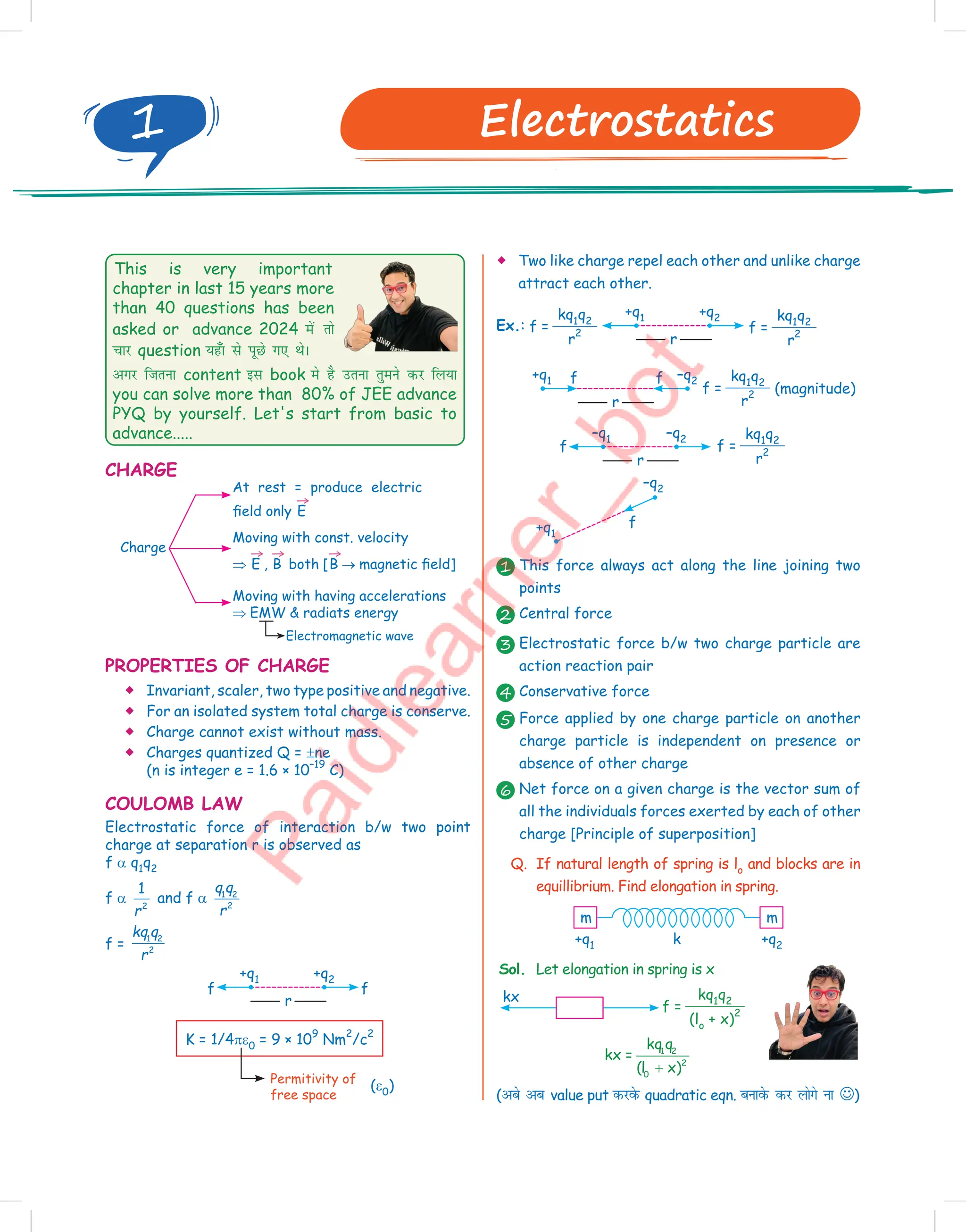 This is very important
chapter in last 15 years more
than 40 questions has been
asked or advance 2024 esa rks
pkj question ;g¡k ls iwNs x, FksA
vxj ftruk content bl book es gS mruk rqeus dj fy;k
you can solve more than 80% of JEE advance
PYQ by yourself. Let's start from basic to
advance.....
CHARGE
Charge
Electromagnetic wave
At rest = produce electric
field only
→
E
Moving with having accelerations
⇒ EMW  radiats energy
Moving with const. velocity
⇒
→
E ,
→
B both [
→
B → magnetic field]
PROPERTIES OF CHARGE
 Invariant, scaler, two type positive and negative.
 For an isolated system total charge is conserve.
 Charge cannot exist without mass.
 Charges quantized Q = ±ne
(n is integer e = 1.6 × 10
–19
C)
COULOMB LAW
Electrostatic force of interaction b/w two point
charge at separation r is observed as
f a q1q2
f a
1
2
r
and f a
q q
r
1 2
2
f =
kq q
r
1 2
2
+q1
r
f f
+q2
K = 1/4pe0 = 9 × 10
9
Nm
2
/c
2
Permitivity of
free space
(e0)
 Two like charge repel each other and unlike charge
attract each other.
Ex.:
+q1
–q1
+q1
+q1 f
f
f
f
r
r
r
+q2
–q2
–q2
–q2
(magnitude)
f =
kq1q2
r
2
f =
kq1q2
r
2
f =
kq1q2
r
2
f =
kq1q2
r
2
1 This force always act along the line joining two
points
2 Central force
3 Electrostatic force b/w two charge particle are
action reaction pair
4 Conservative force
5 Force applied by one charge particle on another
charge particle is independent on presence or
absence of other charge
6 Net force on a given charge is the vector sum of
all the individuals forces exerted by each of other
charge [Principle of superposition]
Q. If natural length of spring is lo and blocks are in
equillibrium. Find elongation in spring.
m
m
k
+q1 +q2
Sol. Let elongation in spring is x
kx
f =
kq1q2
(lo + x)
2
1 2
2
0
kq q
kx =
(l x)
+
(vcs vc value put djosQ quadratic eqn. cukosQ dj yksxs uk )
1 Electrostatics
 