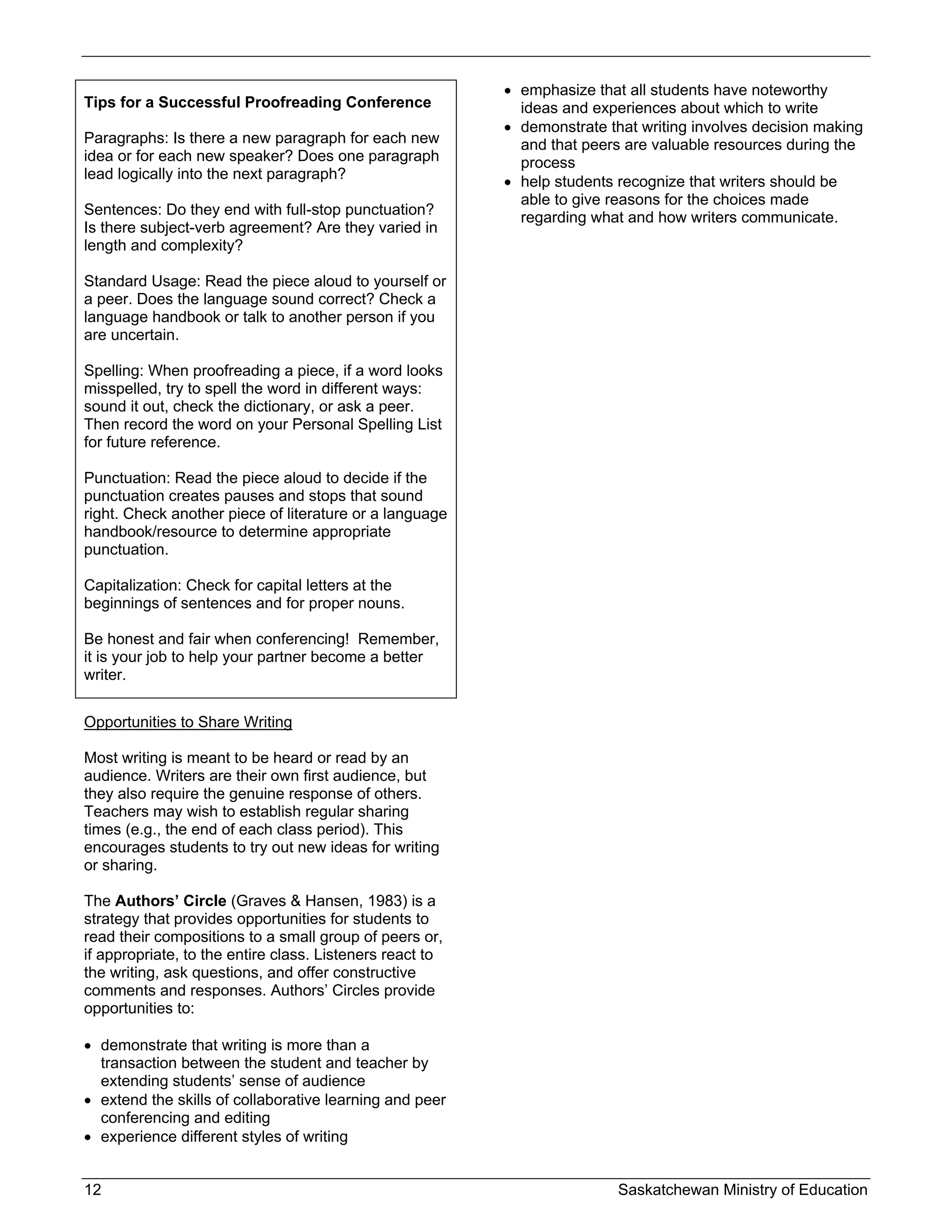 emphasize that all students have noteworthy
Tips for a Successful Proofreading Conference               ideas and experiences about which to write
                                                           demonstrate that writing involves decision making
Paragraphs: Is there a new paragraph for each new           and that peers are valuable resources during the
idea or for each new speaker? Does one paragraph            process
lead logically into the next paragraph?                    help students recognize that writers should be
                                                            able to give reasons for the choices made
Sentences: Do they end with full-stop punctuation?          regarding what and how writers communicate.
Is there subject-verb agreement? Are they varied in
length and complexity?

Standard Usage: Read the piece aloud to yourself or
a peer. Does the language sound correct? Check a
language handbook or talk to another person if you
are uncertain.

Spelling: When proofreading a piece, if a word looks
misspelled, try to spell the word in different ways:
sound it out, check the dictionary, or ask a peer.
Then record the word on your Personal Spelling List
for future reference.

Punctuation: Read the piece aloud to decide if the
punctuation creates pauses and stops that sound
right. Check another piece of literature or a language
handbook/resource to determine appropriate
punctuation.

Capitalization: Check for capital letters at the
beginnings of sentences and for proper nouns.

Be honest and fair when conferencing! Remember,
it is your job to help your partner become a better
writer.


Opportunities to Share Writing

Most writing is meant to be heard or read by an
audience. Writers are their own first audience, but
they also require the genuine response of others.
Teachers may wish to establish regular sharing
times (e.g., the end of each class period). This
encourages students to try out new ideas for writing
or sharing.

The Authors’ Circle (Graves & Hansen, 1983) is a
strategy that provides opportunities for students to
read their compositions to a small group of peers or,
if appropriate, to the entire class. Listeners react to
the writing, ask questions, and offer constructive
comments and responses. Authors’ Circles provide
opportunities to:

 demonstrate that writing is more than a
  transaction between the student and teacher by
  extending students’ sense of audience
 extend the skills of collaborative learning and peer
  conferencing and editing
 experience different styles of writing


12                                                                        Saskatchewan Ministry of Education
 