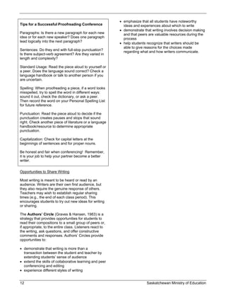  emphasize that all students have noteworthy
Tips for a Successful Proofreading Conference               ideas and experiences about which to write
                                                           demonstrate that writing involves decision making
Paragraphs: Is there a new paragraph for each new           and that peers are valuable resources during the
idea or for each new speaker? Does one paragraph            process
lead logically into the next paragraph?                    help students recognize that writers should be
                                                            able to give reasons for the choices made
Sentences: Do they end with full-stop punctuation?          regarding what and how writers communicate.
Is there subject-verb agreement? Are they varied in
length and complexity?

Standard Usage: Read the piece aloud to yourself or
a peer. Does the language sound correct? Check a
language handbook or talk to another person if you
are uncertain.

Spelling: When proofreading a piece, if a word looks
misspelled, try to spell the word in different ways:
sound it out, check the dictionary, or ask a peer.
Then record the word on your Personal Spelling List
for future reference.

Punctuation: Read the piece aloud to decide if the
punctuation creates pauses and stops that sound
right. Check another piece of literature or a language
handbook/resource to determine appropriate
punctuation.

Capitalization: Check for capital letters at the
beginnings of sentences and for proper nouns.

Be honest and fair when conferencing! Remember,
it is your job to help your partner become a better
writer.


Opportunities to Share Writing

Most writing is meant to be heard or read by an
audience. Writers are their own first audience, but
they also require the genuine response of others.
Teachers may wish to establish regular sharing
times (e.g., the end of each class period). This
encourages students to try out new ideas for writing
or sharing.

The Authors’ Circle (Graves & Hansen, 1983) is a
strategy that provides opportunities for students to
read their compositions to a small group of peers or,
if appropriate, to the entire class. Listeners react to
the writing, ask questions, and offer constructive
comments and responses. Authors’ Circles provide
opportunities to:

 demonstrate that writing is more than a
  transaction between the student and teacher by
  extending students’ sense of audience
 extend the skills of collaborative learning and peer
  conferencing and editing
 experience different styles of writing


12                                                                        Saskatchewan Ministry of Education
 