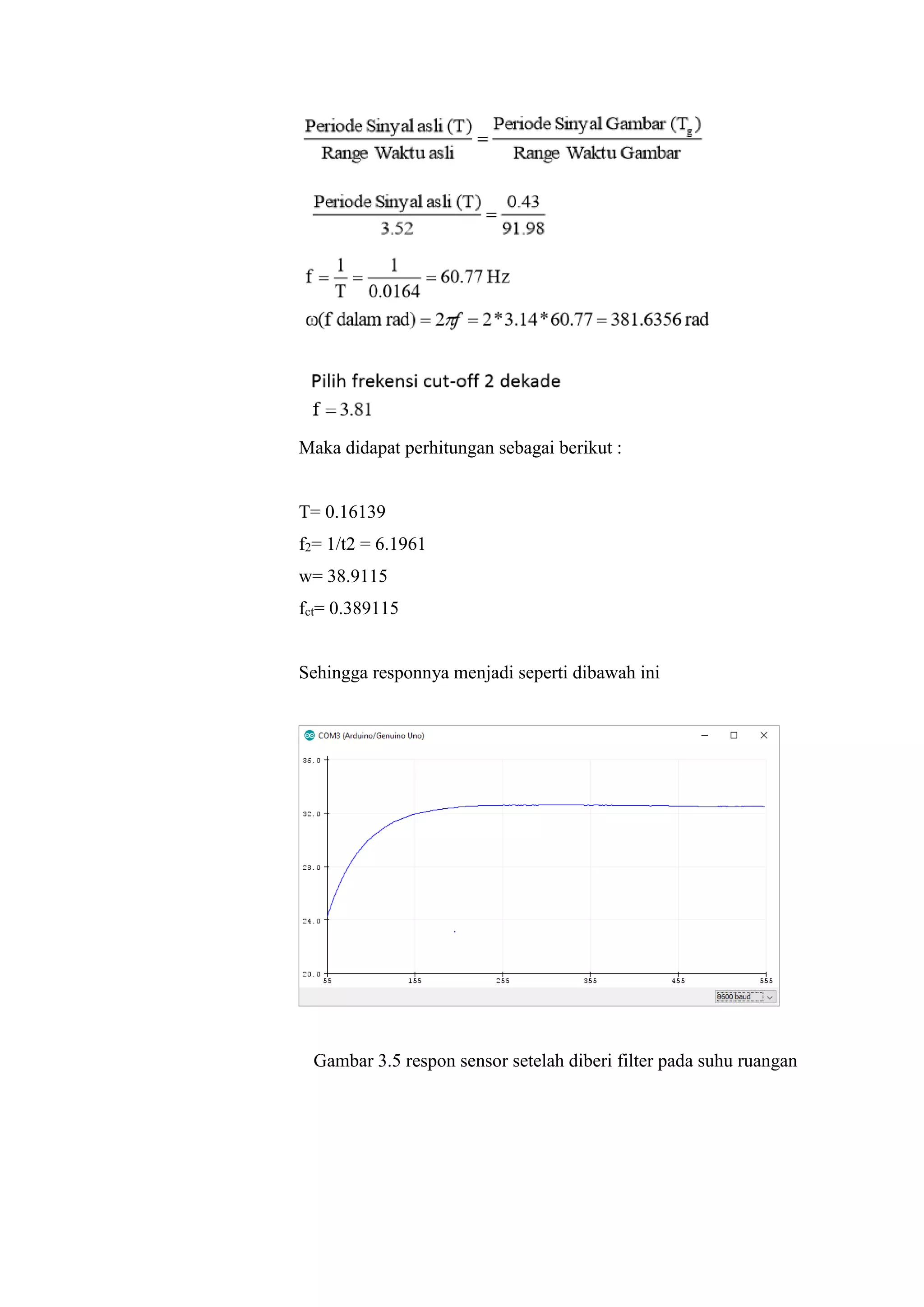 Maka didapat perhitungan sebagai berikut :
T= 0.16139
f2= 1/t2 = 6.1961
w= 38.9115
fct= 0.389115
Sehingga responnya menjadi seperti dibawah ini
Gambar 3.5 respon sensor setelah diberi filter pada suhu ruangan
 