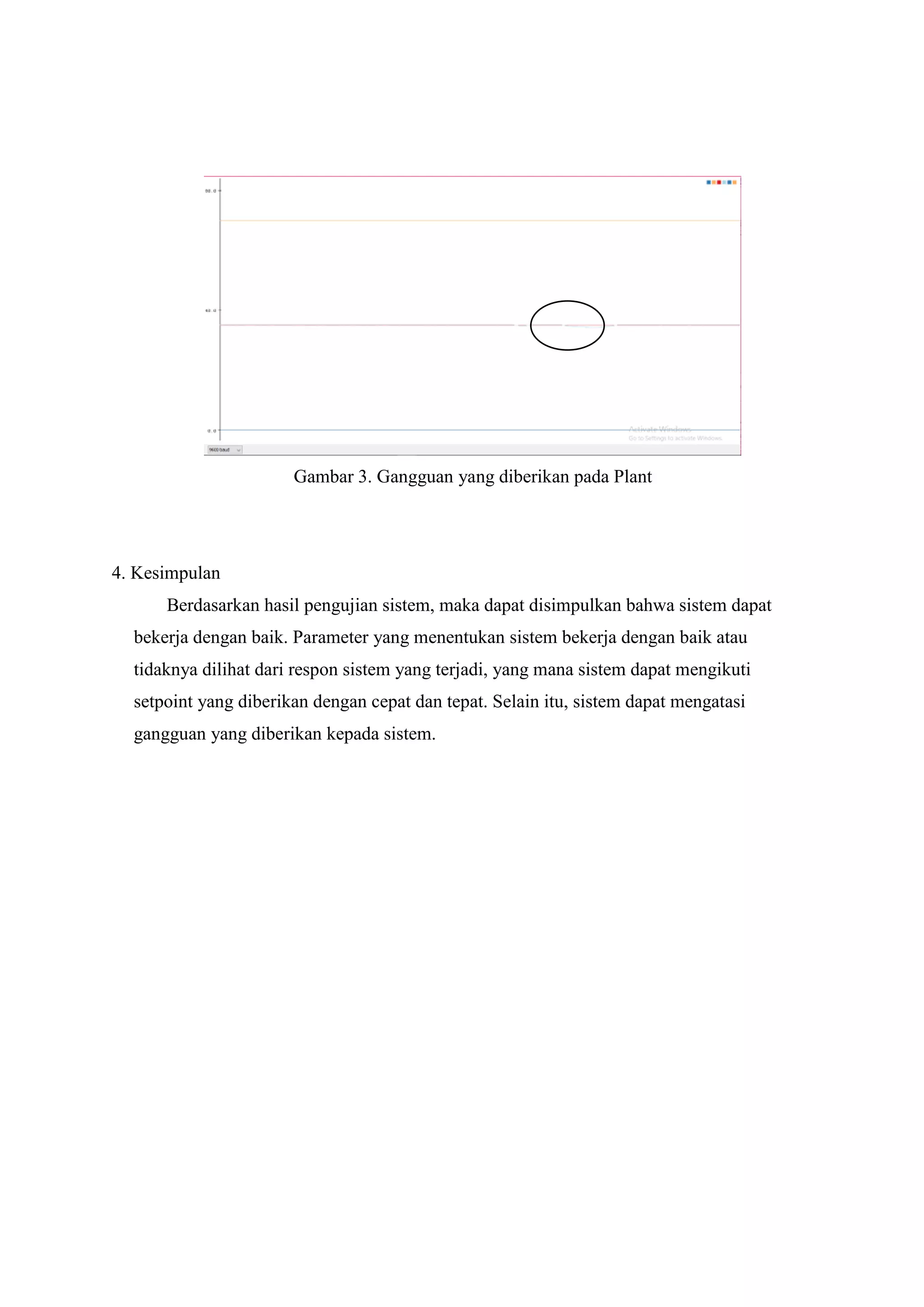 Gambar 3. Gangguan yang diberikan pada Plant
4. Kesimpulan
Berdasarkan hasil pengujian sistem, maka dapat disimpulkan bahwa sistem dapat
bekerja dengan baik. Parameter yang menentukan sistem bekerja dengan baik atau
tidaknya dilihat dari respon sistem yang terjadi, yang mana sistem dapat mengikuti
setpoint yang diberikan dengan cepat dan tepat. Selain itu, sistem dapat mengatasi
gangguan yang diberikan kepada sistem.
 
