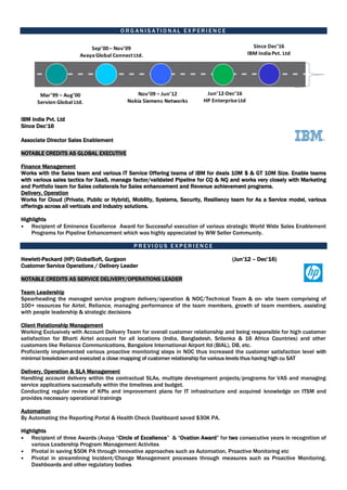 O R G A N I S A T I O N A L E X P E R I E N C E
IBM India Pvt. Ltd
Since Dec’16
Associate Director Sales Enablement
NOTABLE CREDITS AS GLOBAL EXECUTIVE
Finance Management
Works with the Sales team and various IT Service Offering teams of IBM for deals 10M $ & GT 10M Size. Enable teams
with various sales tactics for XaaS, manage factor/validated Pipeline for CQ & NQ and works very closely with Marketing
and Portfolio team for Sales collaterals for Sales enhancement and Revenue achievement programs.
Delivery, Operation
Works for Cloud (Private, Public or Hybrid), Mobility, Systems, Security, Resiliency team for As a Service model, various
offerings across all verticals and industry solutions.
Highlights
• Recipient of Eminence Excellence Award for Successful execution of various strategic World Wide Sales Enablement
Programs for Pipeline Enhancement which was highly appreciated by WW Seller Community.
P R E V I O U S E X P E R I E N C E
Hewlett-Packard (HP) GlobalSoft, Gurgaon (Jun’12 – Dec’16)
Customer Service Operations / Delivery Leader
NOTABLE CREDITS AS SERVICE DELIVERY/OPERATIONS LEADER
Team Leadership
Spearheading the managed service program delivery/operation & NOC/Technical Team & on- site team comprising of
100+ resources for Airtel, Reliance, managing performance of the team members, growth of team members, assisting
with people leadership & strategic decisions
Client Relationship Management
Working Exclusively with Account Delivery Team for overall customer relationship and being responsible for high customer
satisfaction for Bharti Airtel account for all locations (India, Bangladesh, Srilanka & 16 Africa Countries) and other
customers like Reliance Communications, Bangalore International Airport ltd (BIAL), DB, etc.
Proficiently implemented various proactive monitoring steps in NOC thus increased the customer satisfaction level with
minimal breakdown and executed a close mapping of customer relationship for various levels thus having high cu SAT
Delivery, Operation & SLA Management
Handling account delivery within the contractual SLAs, multiple development projects/programs for VAS and managing
service applications successfully within the timelines and budget.
Conducting regular review of KPIs and improvement plans for IT infrastructure and acquired knowledge on ITSM and
provides necessary operational trainings
Automation
By Automating the Reporting Portal & Health Check Dashboard saved $30K PA.
Highlights
• Recipient of three Awards (Avaya “Circle of Excellence” & “Ovation Award” for two consecutive years in recognition of
various Leadership Program Management Activites
• Pivotal in saving $50K PA through innovative approaches such as Automation, Proactive Monitoring etc
• Pivotal in streamlining Incident/Change Management processes through measures such as Proactive Monitoring,
Dashboards and other regulatory bodies
 