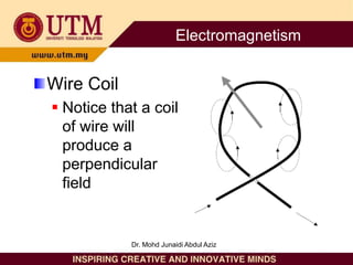 Wire Coil
 Notice that a coil
of wire will
produce a
perpendicular
field
Electromagnetism
Dr. Mohd Junaidi Abdul Aziz
 