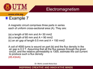 Example 7
A magnetic circuit comprises three parts in series
each of uniform cross-sectional area (A). They are:
(a) a length of 80 mm and A= 50 mm2
(b) a length of 60 mm and A = 90 mm2
(c) an air gap of length 0.5 mm and A = 150 mm2
A coil of 4000 turns is wound on part (b) and the flux density in the
air gap is 0.3 T. Assuming that all the flux passes through the given
circuit, and the relative permeability is 1300, estimate the coil current
to produce such a flux density
(45.43mA)
Electromagnetism
Dr. Mohd Junaidi Abdul Aziz
 