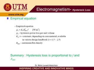 Empirical equation
Summary : Hysteresis loss is proportional to f and
ABH
Electromagnetism- Hysteresis Loss
Dr. Mohd Junaidi Abdul Aziz
 