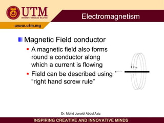 Magnetic Field conductor
 A magnetic field also forms
round a conductor along
which a current is flowing
 Field can be described using
“right hand screw rule”
Electromagnetism
Dr. Mohd Junaidi Abdul Aziz
 