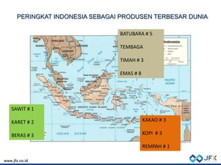 PERINGKAT INDONESIA SEBAGAI PRODUSEN TERBESAR DUNIA
SAWIT # 1
KARET # 2
BERAS # 3
KAKAO # 3
KOPI # 3
REMPAH # 1
BATUBARA # 5
TEMBAGA
TIMAH # 3
EMAS # 8
 