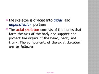 05/17/2025
 the skeleton is divided into axial and
appendicular portions
 The axial skeleton consists of the bones that
form the axis of the body and support and
protect the organs of the head, neck, and
trunk. The components of the axial skeleton
are as follows:
 