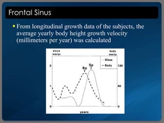 Frontal Sinus
 From longitudinal growth data of the subjects, the
average yearly body height growth velocity
(millimeters per year) was calculated
 