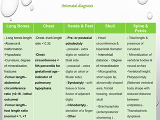Long Bones Chest Hands & Feet Skull Spine &
Pelvis
- Long bones length
-Absence &
malformation
-Hypoplasia
-Curvature, degree
of mineralization,
fractures
-Femur length–
abdominal
circumference
ratio (<0.16 - lethal
outcome)
-Femur length–
foot length ratio
(normal = 1, <1
-Chest–trunk length
ratio < 0.32
-Chest
circumference <
5th percentile for
gestational age -
indicator of
pulmonary
hypoplasia.
- Pre- or postaxial
polydactyly
- preaxial - extra
digits on radial or
tibial side
- postaxial – extra
digits on ulnar or
fibular side)
- Syndactyly - soft-
tissue or bone
fusion of adjacent
digits
- Clinodactyly -
deviation of a finger
- Other
- Head
circumference &
biparietal diameter
- Interorbital
distance - Degree
of mineralization
- Micrognathia,
short upper lip,
abnormally shaped
ears, frontal
bossing, cloverleaf
skull
- Brachycephaly
(anteroposterior
shortening ) ,
- Total length &
presence of
curvature
- Mineralization of
vertebral bodies &
neural arches
-Vertebral height:
Platyspondyly
(flattened vertebral
body shape with
reduced distance
between
endplates) -
Thanatophoric
dysplasia.
 