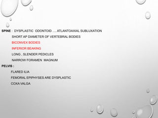 SPINE : DYSPLASTIC ODONTOID …. ATLANTOAXIAL SUBLUXATION
SHORT AP DIAMETER OF VERTEBRAL BODIES
BICONVEX BODIES
INFERIOR BEAKING
LONG , SLENDER PEDICLES
NARROW FORAMEN MAGNUM
PELVIS :
FLARED ILIA
FEMORAL EPIPHYSES ARE DYSPLASTIC
COXA VALGA
 