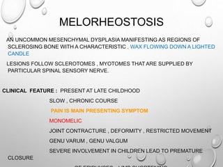 MELORHEOSTOSIS
AN UNCOMMON MESENCHYMAL DYSPLASIA MANIFESTING AS REGIONS OF
SCLEROSING BONE WITH A CHARACTERISTIC , WAX FLOWING DOWN A LIGHTED
CANDLE
LESIONS FOLLOW SCLEROTOMES , MYOTOMES THAT ARE SUPPLIED BY
PARTICULAR SPINAL SENSORY NERVE.
CLINICAL FEATURE : PRESENT AT LATE CHILDHOOD
SLOW , CHRONIC COURSE
PAIN IS MAIN PRESENTING SYMPTOM
MONOMELIC
JOINT CONTRACTURE , DEFORMITY , RESTRICTED MOVEMENT
GENU VARUM , GENU VALGUM
SEVERE INVOLVEMENT IN CHILDREN LEAD TO PREMATURE
CLOSURE
 