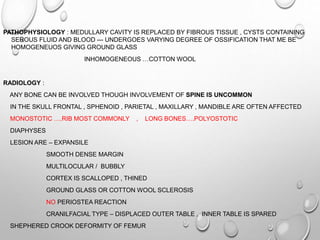 PATHOPHYSIOLOGY : MEDULLARY CAVITY IS REPLACED BY FIBROUS TISSUE , CYSTS CONTAINING
SEROUS FLUID AND BLOOD --- UNDERGOES VARYING DEGREE OF OSSIFICATION THAT ME BE
HOMOGENEUOS GIVING GROUND GLASS
INHOMOGENEOUS …COTTON WOOL
RADIOLOGY :
ANY BONE CAN BE INVOLVED THOUGH INVOLVEMENT OF SPINE IS UNCOMMON
IN THE SKULL FRONTAL , SPHENOID , PARIETAL , MAXILLARY , MANDIBLE ARE OFTEN AFFECTED
MONOSTOTIC ….RIB MOST COMMONLY , LONG BONES….POLYOSTOTIC
DIAPHYSES
LESION ARE – EXPANSILE
SMOOTH DENSE MARGIN
MULTILOCULAR / BUBBLY
CORTEX IS SCALLOPED , THINED
GROUND GLASS OR COTTON WOOL SCLEROSIS
NO PERIOSTEA REACTION
CRANILFACIAL TYPE – DISPLACED OUTER TABLE , INNER TABLE IS SPARED
SHEPHERED CROOK DEFORMITY OF FEMUR
 