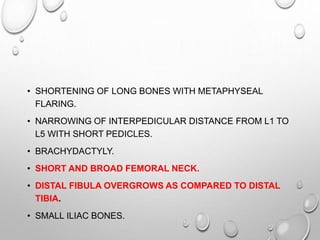 • SHORTENING OF LONG BONES WITH METAPHYSEAL
FLARING.
• NARROWING OF INTERPEDICULAR DISTANCE FROM L1 TO
L5 WITH SHORT PEDICLES.
• BRACHYDACTYLY.
• SHORT AND BROAD FEMORAL NECK.
• DISTAL FIBULA OVERGROWS AS COMPARED TO DISTAL
TIBIA.
• SMALL ILIAC BONES.
 