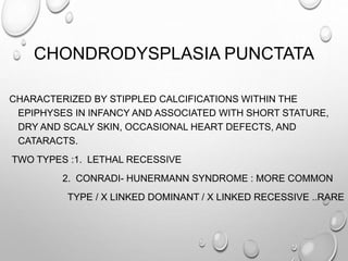 CHONDRODYSPLASIA PUNCTATA
CHARACTERIZED BY STIPPLED CALCIFICATIONS WITHIN THE
EPIPHYSES IN INFANCY AND ASSOCIATED WITH SHORT STATURE,
DRY AND SCALY SKIN, OCCASIONAL HEART DEFECTS, AND
CATARACTS.
TWO TYPES :1. LETHAL RECESSIVE
2. CONRADI- HUNERMANN SYNDROME : MORE COMMON
TYPE / X LINKED DOMINANT / X LINKED RECESSIVE ..RARE
 