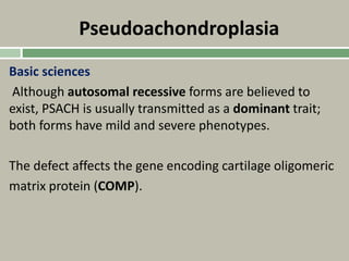Pseudoachondroplasia
Basic sciences
Although autosomal recessive forms are believed to
exist, PSACH is usually transmitted as a dominant trait;
both forms have mild and severe phenotypes.
The defect affects the gene encoding cartilage oligomeric
matrix protein (COMP).
 
