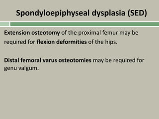 Spondyloepiphyseal dysplasia (SED)
Extension osteotomy of the proximal femur may be
required for flexion deformities of the hips.
Distal femoral varus osteotomies may be required for
genu valgum.
 