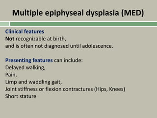 Multiple epiphyseal dysplasia (MED)
Clinical features
Not recognizable at birth,
and is often not diagnosed until adolescence.
Presenting features can include:
Delayed walking,
Pain,
Limp and waddling gait,
Joint stiffness or flexion contractures (Hips, Knees)
Short stature
 