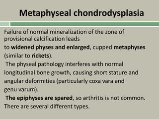 Metaphyseal chondrodysplasia
Failure of normal mineralization of the zone of
provisional calcification leads
to widened physes and enlarged, cupped metaphyses
(similar to rickets).
The physeal pathology interferes with normal
longitudinal bone growth, causing short stature and
angular deformities (particularly coxa vara and
genu varum).
The epiphyses are spared, so arthritis is not common.
There are several different types.
 