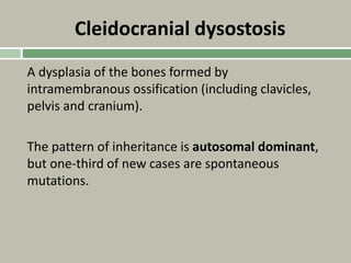 Cleidocranial dysostosis
A dysplasia of the bones formed by
intramembranous ossification (including clavicles,
pelvis and cranium).
The pattern of inheritance is autosomal dominant,
but one-third of new cases are spontaneous
mutations.
 