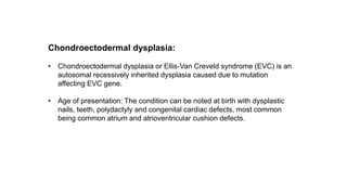 Chondroectodermal dysplasia:
• Chondroectodermal dysplasia or Ellis-Van Creveld syndrome (EVC) is an
autosomal recessively inherited dysplasia caused due to mutation
affecting EVC gene.
• Age of presentation: The condition can be noted at birth with dysplastic
nails, teeth, polydactyly and congenital cardiac defects, most common
being common atrium and atrioventricular cushion defects.
 