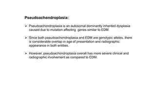 Pseudoachondroplasia:
⮚ Pseudoachondroplasia is an autosomal dominantly inherited dysplasia
caused due to mutation affecting genes similar to EDM.
⮚ Since both pseudoachondroplasia and EDM are genotypic alleles, there
is considerable overlap in age of presentation and radiographic
appearance in both entities.
⮚ However, pseudoachondroplasia overall has more severe clinical and
radiographic involvement as compared to EDM.
 