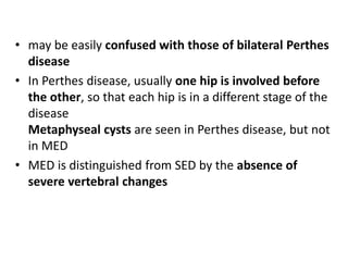 • may be easily confused with those of bilateral Perthes
disease
• In Perthes disease, usually one hip is involved before
the other, so that each hip is in a different stage of the
disease
Metaphyseal cysts are seen in Perthes disease, but not
in MED
• MED is distinguished from SED by the absence of
severe vertebral changes
 