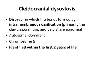 Cleidocranial dysostosis
• Disorder in which the bones formed by
intramembranous ossification (primarily the
clavicles,cranium, and pelvis) are abnormal
• Autosomal dominant
• Chromosome 6
• Identified within the first 2 years of life
 