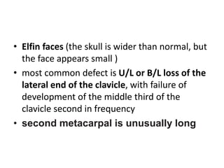 • Elfin faces (the skull is wider than normal, but
the face appears small )
• most common defect is U/L or B/L loss of the
lateral end of the clavicle, with failure of
development of the middle third of the
clavicle second in frequency
• second metacarpal is unusually long
 