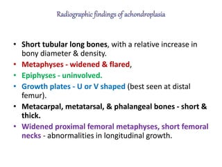 • Short tubular long bones, with a relative increase in
bony diameter & density.
• Metaphyses - widened & flared,
• Epiphyses - uninvolved.
• Growth plates - U or V shaped (best seen at distal
femur).
• Metacarpal, metatarsal, & phalangeal bones - short &
thick.
• Widened proximal femoral metaphyses, short femoral
necks - abnormalities in longitudinal growth.
 