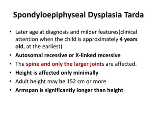 Spondyloepiphyseal Dysplasia Tarda
• Later age at diagnosis and milder features(clinical
attention when the child is approximately 4 years
old, at the earliest)
• Autosomal recessive or X-linked recessive
• The spine and only the larger joints are affected.
• Height is affected only minimally
• Adult height may be 152 cm or more
• Armspan is significantly longer than height
 