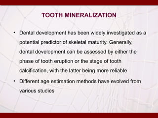 TOOTH MINERALIZATION
• Dental development has been widely investigated as a
potential predictor of skeletal maturity. Generally,
dental development can be assessed by either the
phase of tooth eruption or the stage of tooth
calcification, with the latter being more reliable
• Different age estimation methods have evolved from
various studies
 