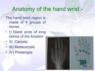 Anatomy of the hand wrist:-
The hand wrist region is
made of 4 groups of
bones
• I) Distal ends of long
bones of the forearm
• II) Carpals
• III) Metacarpals
• IV) Phalanges
 