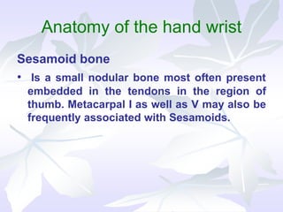 Anatomy of the hand wrist
Sesamoid bone
• Is a small nodular bone most often present
embedded in the tendons in the region of
thumb. Metacarpal I as well as V may also be
frequently associated with Sesamoids.
 