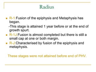 Radius
 R-1:Fusion of the epiphysis and Metaphysis has
began.
-This stage is attained 1 year before or at the end of
growth spurt.
 R-1J:Fusion is almost completed but there is still a
small cap at one or both margin.
 R-J:Characterised by fusion of the epiphysis and
metaphysis.
These stages were not attained before end of PHV.
 