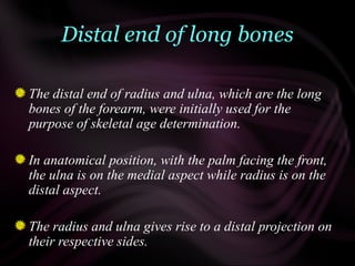 Distal end of long bones
The distal end of radius and ulna, which are the long
bones of the forearm, were initially used for the
purpose of skeletal age determination.
In anatomical position, with the palm facing the front,
the ulna is on the medial aspect while radius is on the
distal aspect.
The radius and ulna gives rise to a distal projection on
their respective sides.
 