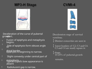 Deceleration of the curve of pubertal
growth
spurt.
Fusion of epiphysis and metaphysis
begins.
Side of epiphysis form obtuse angle
to
distal border.
Epiphysis is beginning to narrow.
Slight convexity under central part of
metaphysis.
Typical Cupid’s bow appearance is
absent
Radiolucent gap is narrow.






Deceleration stage of cervical
vertebrae.
 Distinct concavities are seen in
lower borders of C2, C3 and C4.

C3 and C4 are nearly square in
shape.

10-25% of pubertal growth
remains.
 