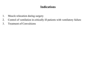 Indications
1.
2.
3.

Muscle relaxation during surgery
Control of ventilation in critically ill patients with ventilatory failure
Treatment of Convulsions

 