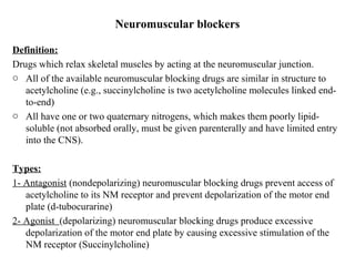 Neuromuscular blockers
Definition:
Drugs which relax skeletal muscles by acting at the neuromuscular junction.
o All of the available neuromuscular blocking drugs are similar in structure to
acetylcholine (e.g., succinylcholine is two acetylcholine molecules linked endto-end)
o All have one or two quaternary nitrogens, which makes them poorly lipidsoluble (not absorbed orally, must be given parenterally and have limited entry
into the CNS).
Types:
1- Antagonist (nondepolarizing) neuromuscular blocking drugs prevent access of
acetylcholine to its NM receptor and prevent depolarization of the motor end
plate (d-tubocurarine)
2- Agonist (depolarizing) neuromuscular blocking drugs produce excessive
depolarization of the motor end plate by causing excessive stimulation of the
NM receptor (Succinylcholine)

 