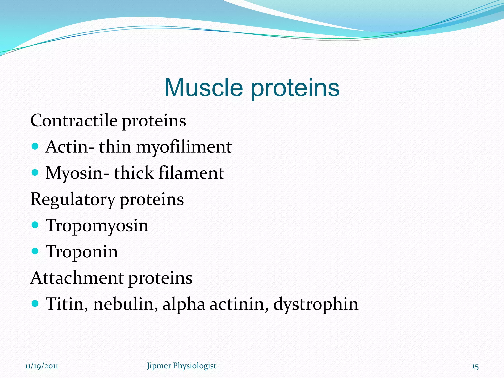 Muscle proteins
Contractile proteins
 Actin- thin myofiliment
 Myosin- thick filament
Regulatory proteins
 Tropomyosin
 Troponin
Attachment proteins
 Titin, nebulin, alpha actinin, dystrophin
11/19/2011 15Jipmer Physiologist
 