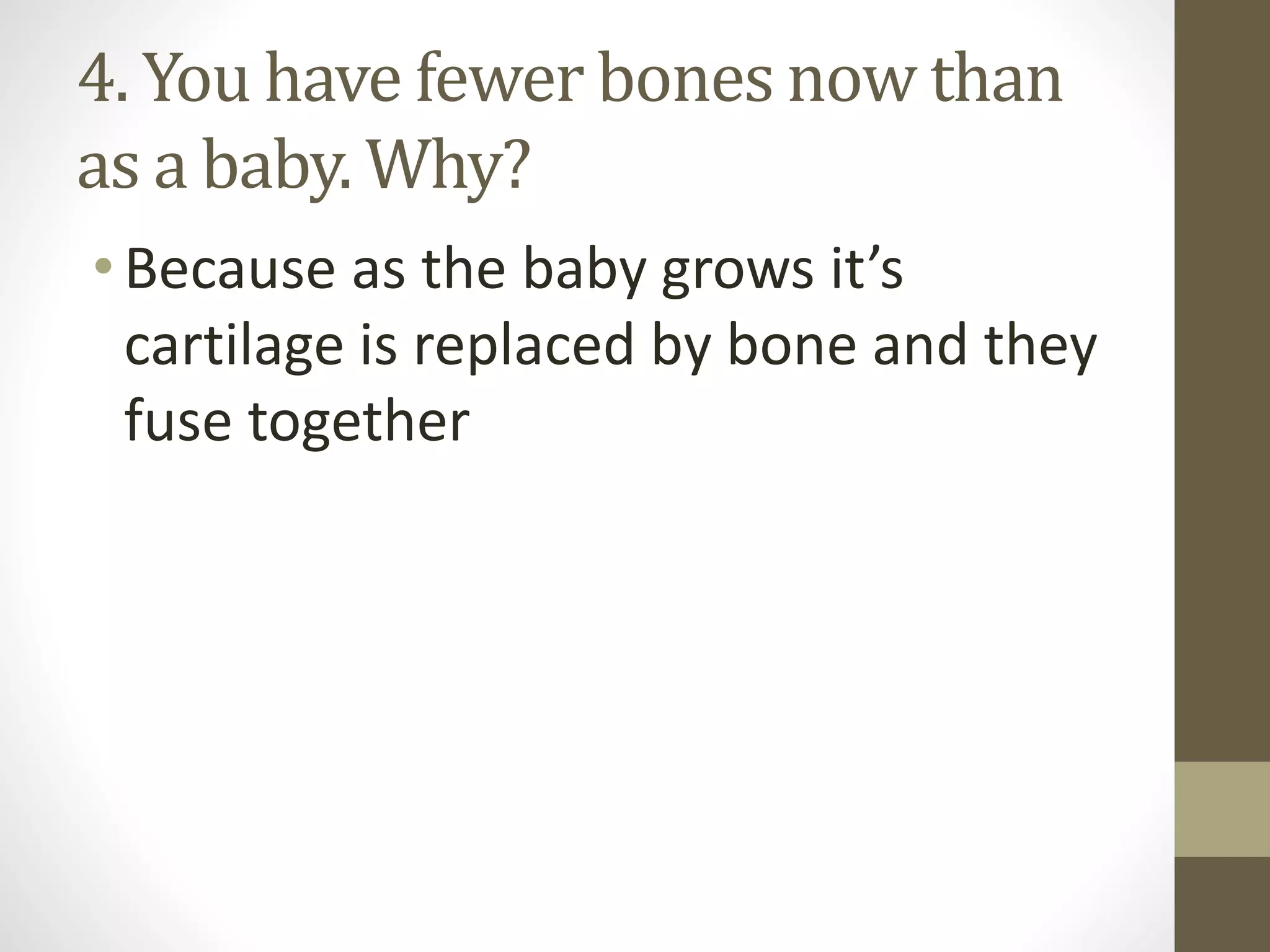 4. You have fewer bones now than
as a baby. Why?
•Because as the baby grows it’s
cartilage is replaced by bone and they
fuse together