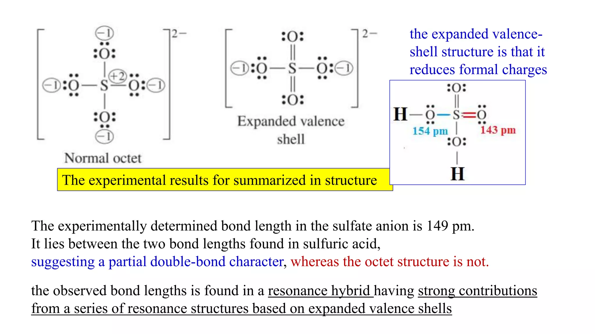 the expanded valence-
shell structure is that it
reduces formal charges
The experimental results for summarized in structure
The experimentally determined bond length in the sulfate anion is 149 pm.
It lies between the two bond lengths found in sulfuric acid,
suggesting a partial double-bond character, whereas the octet structure is not.
the observed bond lengths is found in a resonance hybrid having strong contributions
from a series of resonance structures based on expanded valence shells
 