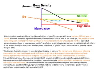 Osteoporosis is accelerated bone loss. Normally, there is loss of bone mass with aging, perhaps 0.7% per year in
 adults. However, bone loss is greater in women past menopause than in men of the same age. The process of bone
 remodeling from resorption to matrix synthesis to mineralization normally takes about 8 months--a slow but
 constant process. Bone in older persons just isn't as efficient as bone in younger persons at maintaining itself--there
 is decreased activity of osteoblasts and decreased production of growth factors and bone matrix. (Sambrook and
 Cooper, 2006)
This diagram illustrates changes in bone density with aging in women. The normal curve (A) steepens following
menopause, but even by old age the risk for fracture is still low. A woman who begins with diminished bone
density (B) even before menopause is at great risk, particularly with a more accelerated rate of bone loss.
Interventions such as postmenopausal estrogen (with progesterone) therapy, the use of drugs such as the non-
hormonal compound alendronate that diminishes osteoclast activity, and the use of diet and exercise regimens
can help to slow bone loss (C) but will not stop bone loss completely or restore prior bone density. Diet and
exercise have a great benefit in younger women to help build up bone density and provide a greater reserve
against bone loss with aging. (Winslow et al, 2009)
 