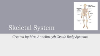 Skeletal System
Created by Mrs. Annelin: 5th Grade Body Systems
 
