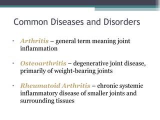 Common Diseases and Disorders
• Arthritis – general term meaning joint
inflammation
• Osteoarthritis – degenerative joint disease,
primarily of weight-bearing joints
• Rheumatoid Arthritis – chronic systemic
inflammatory disease of smaller joints and
surrounding tissues
 