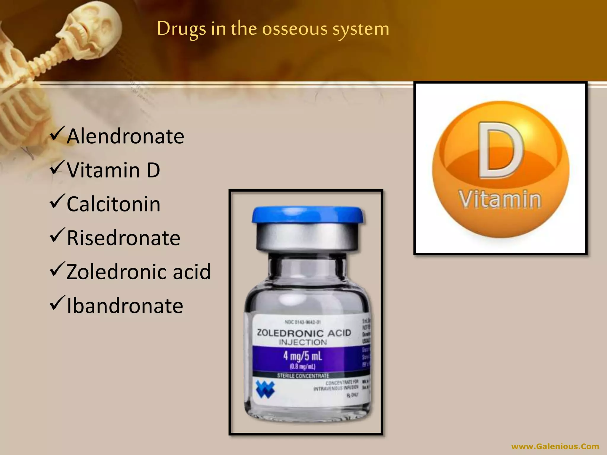 www.Galenious.Com
Drugs inthe osseous system
Alendronate
Vitamin D
Calcitonin
Risedronate
Zoledronic acid
Ibandronate
 